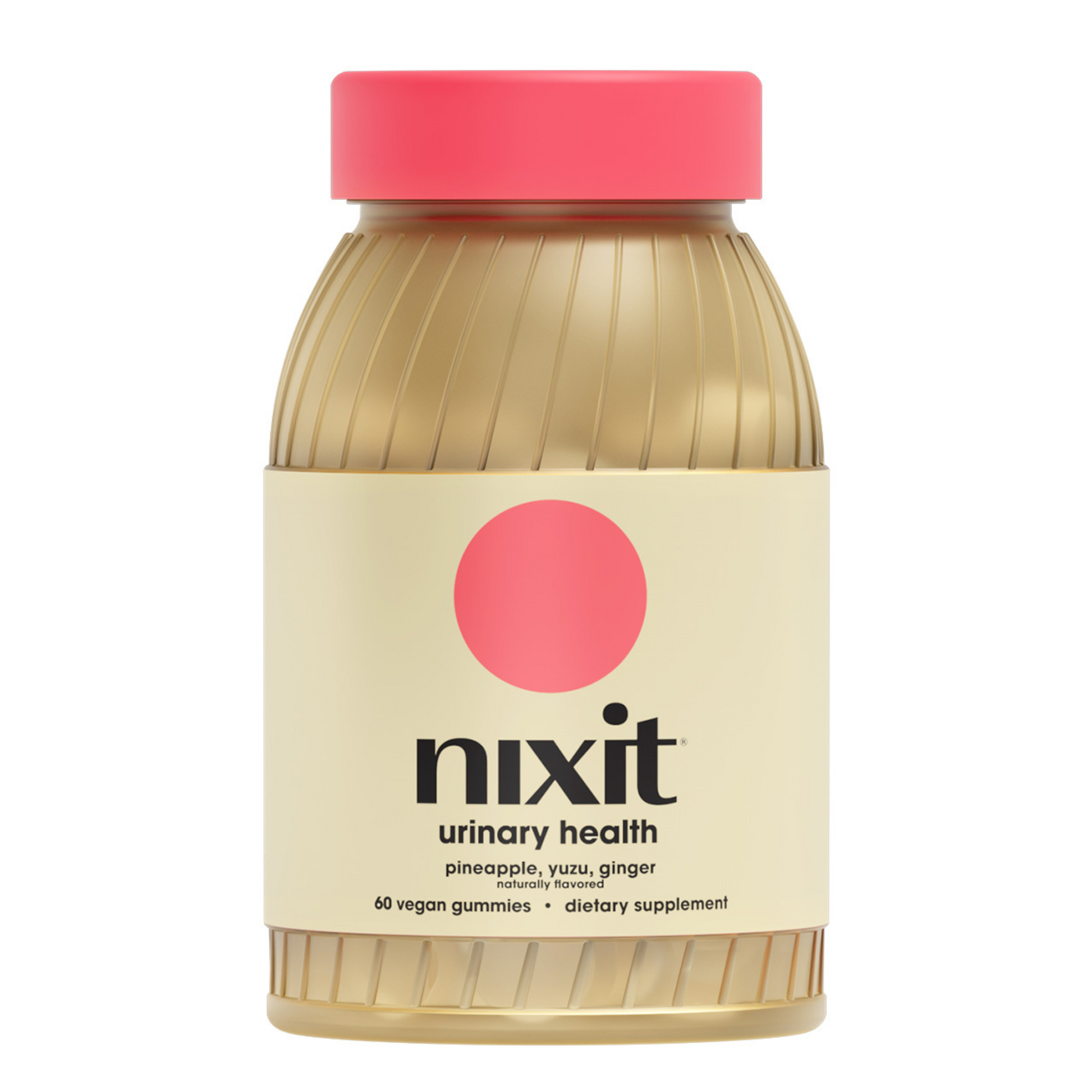 nixit urinary health vegan gummies supplement bottle with red cap, featuring pineapple, yuzu, and ginger flavors, 60 count.