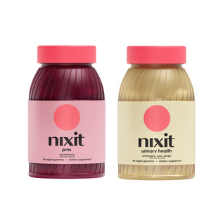 Two bottles of nixit supplements, one for PMS mixed berry flavor and one for urinary health with pineapple, yuzu, ginger flavor, each containing 60 vegan gummies.