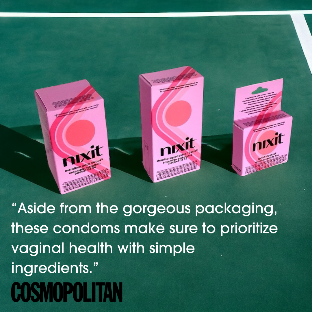 The three box sizes of nixit condoms are in a row on a tennis court with the words 'Aside from the gorgeous packaging, these condoms make sure to prioritize vaginal health with simple ingredients.' COSMOPOLITAN