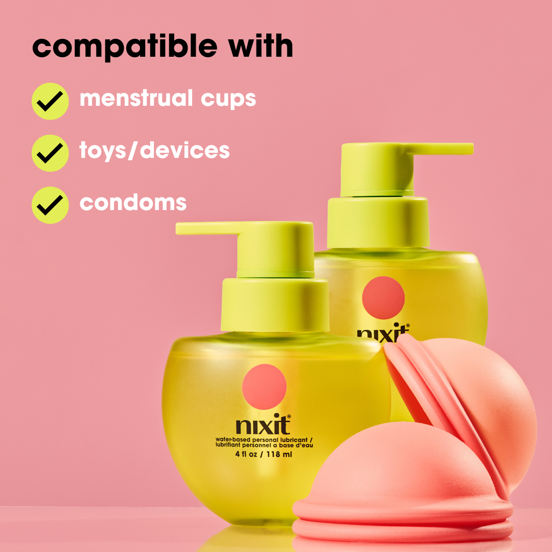 2 lubricant bottles sit behind 2 nixit menstrual discs.  Wording on the image reads: Compatible with: menstrual cups, toys/devices, condoms
