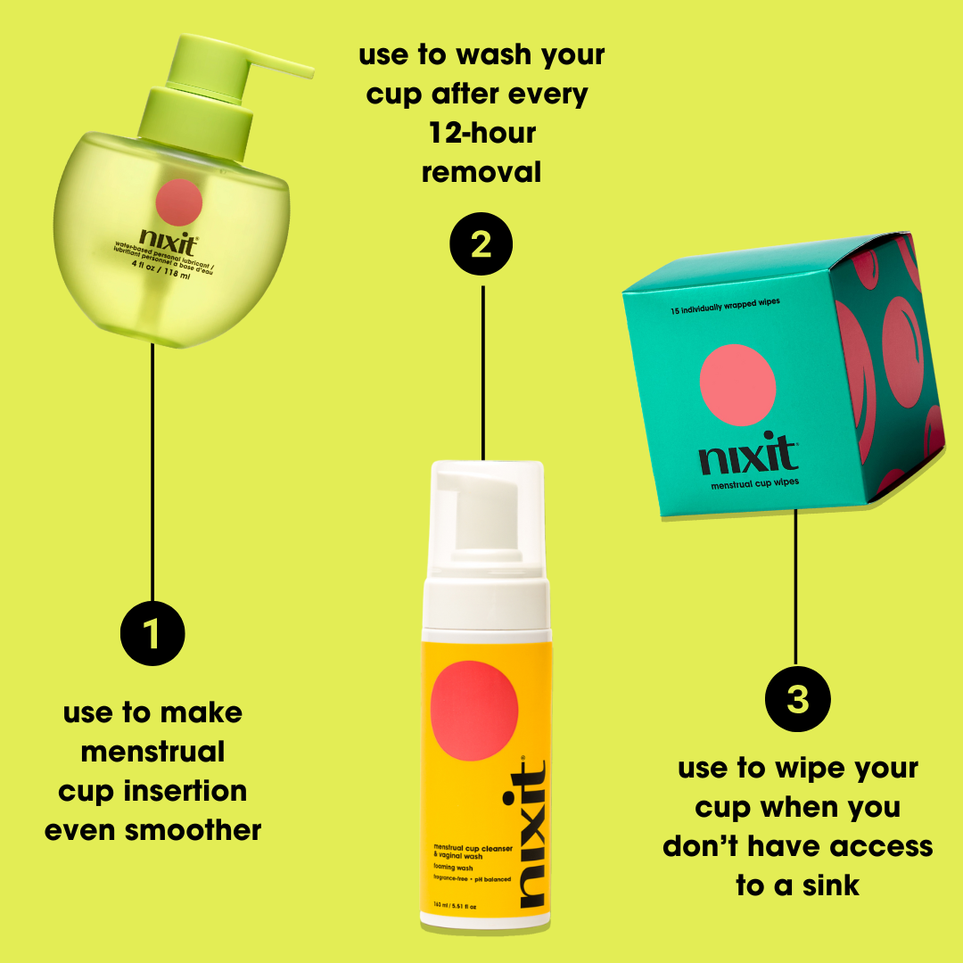 An image of the nixit water based lubricant with the words 'use to make menstrual cup insertion even smoother', the foaming wash with the words' use to wash your cup after ever 12-hour removal' and the menstrual cup wipes with the words 'use to wipe your menstrual cup when you don't have access to a sink'