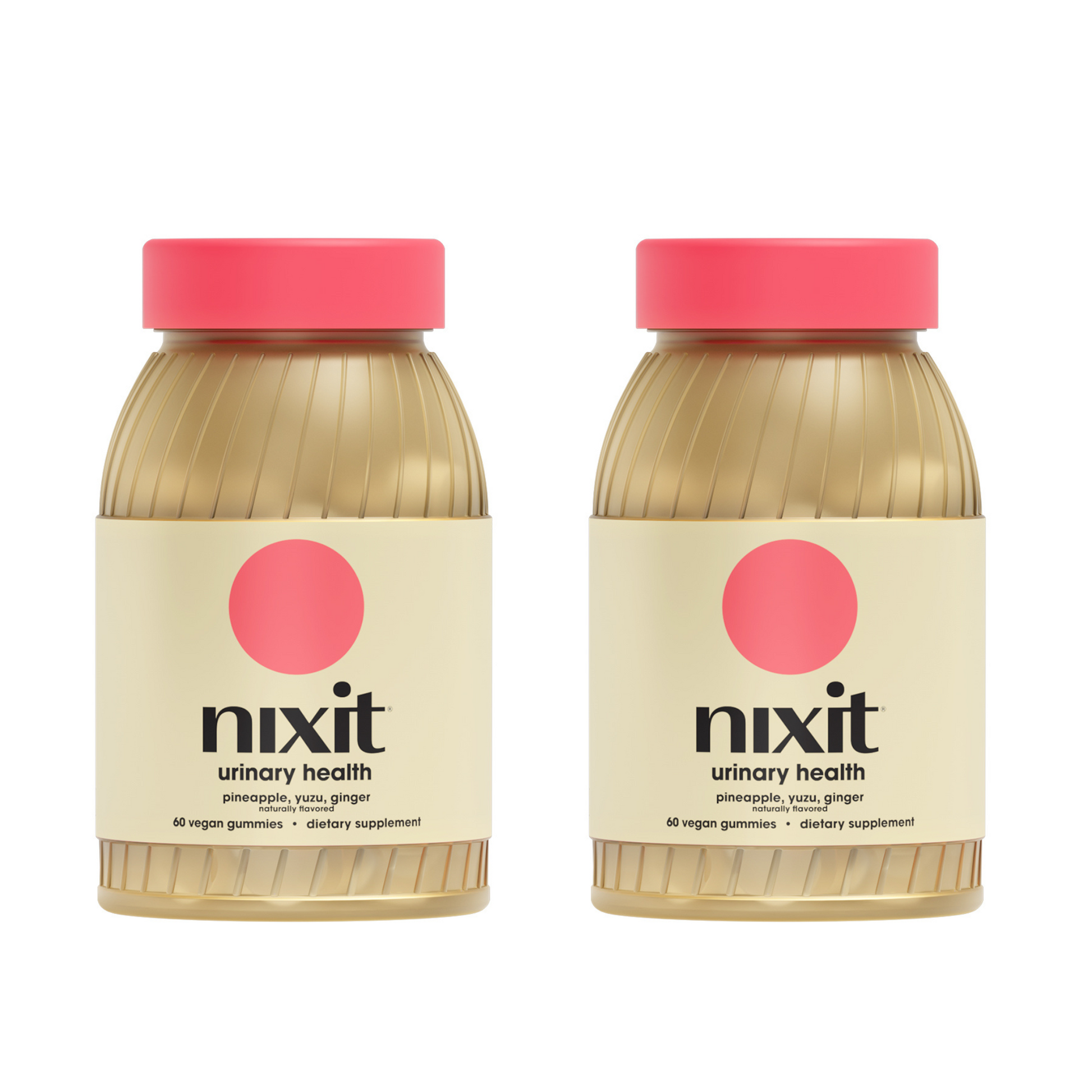Two bottles of nixit urinary health vegan gummies with pineapple, yuzu, and ginger flavor, dietary supplement packaging.