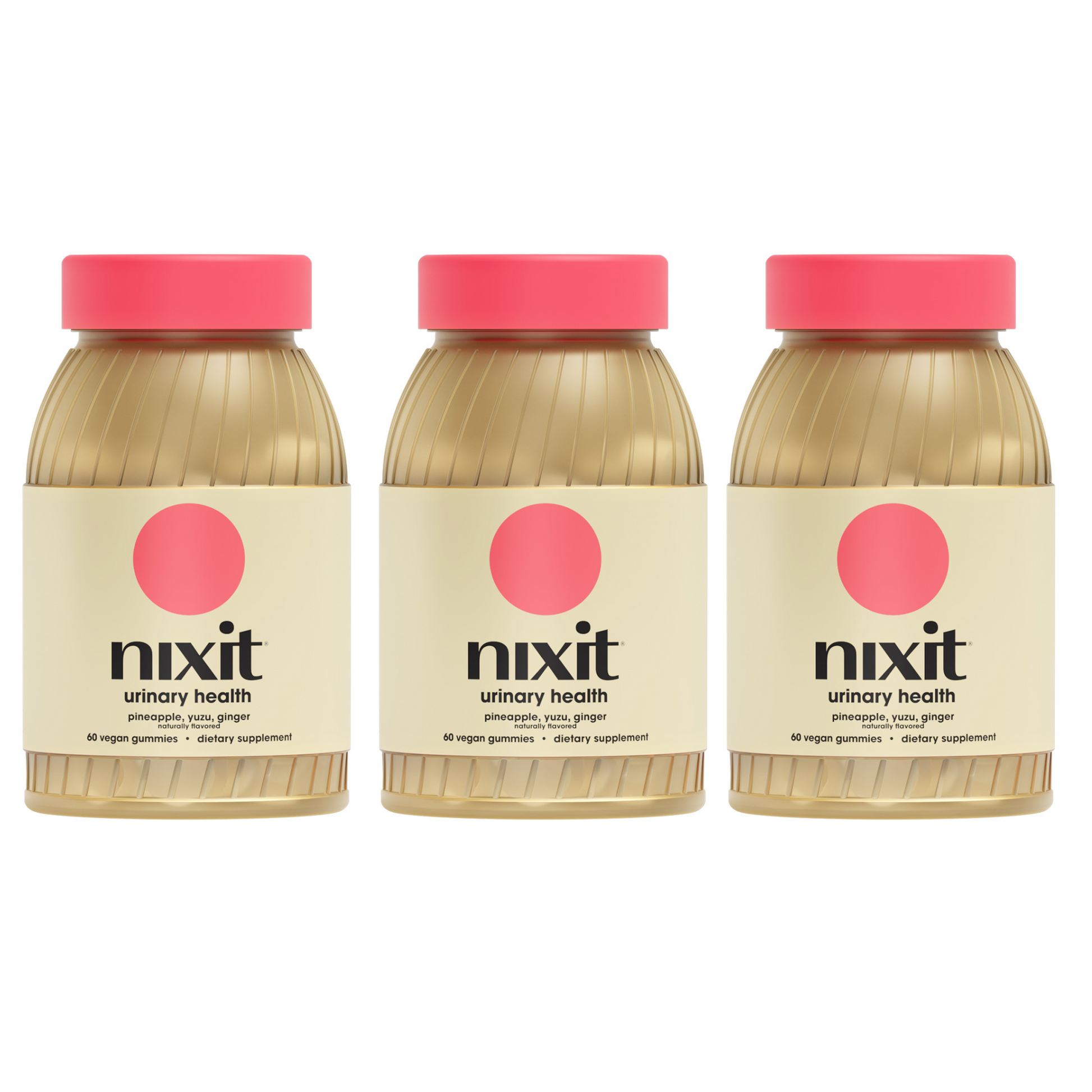 Three jars of nixit urinary health vegan gummies with pineapple, yuzu, and ginger flavor.