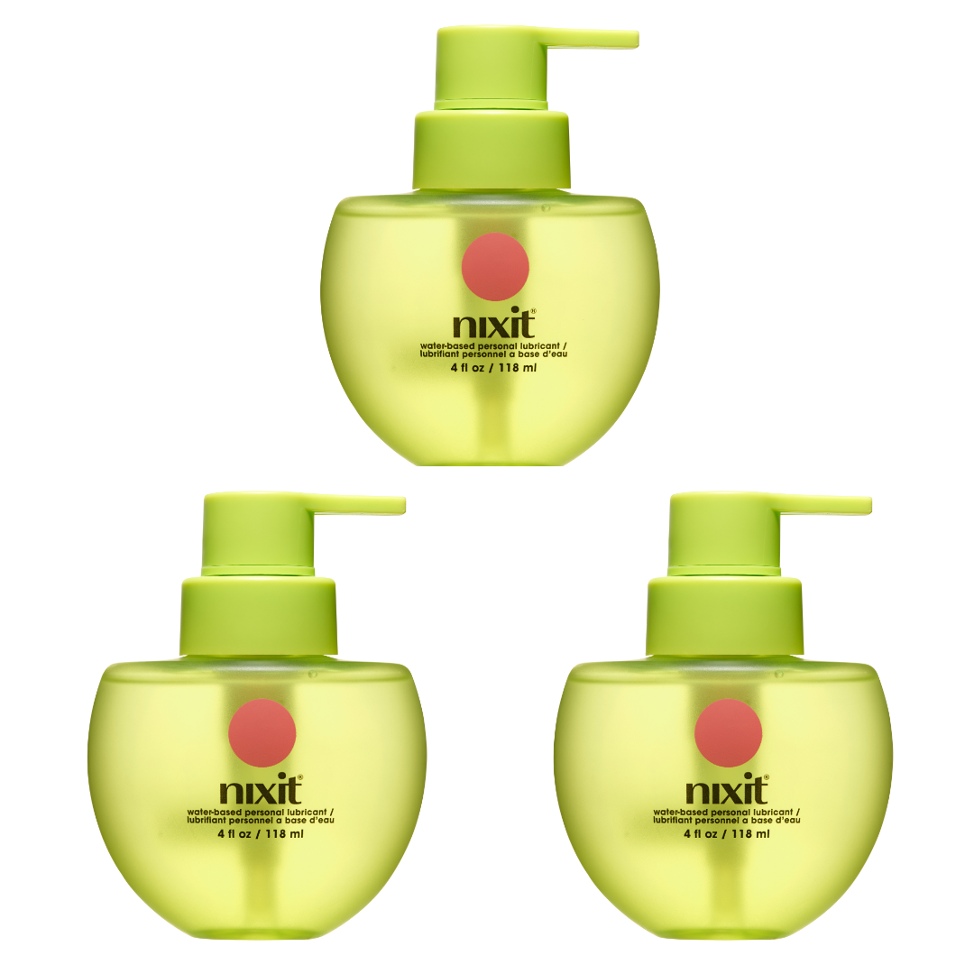 Three bottles of nixit water-based personal lubricant