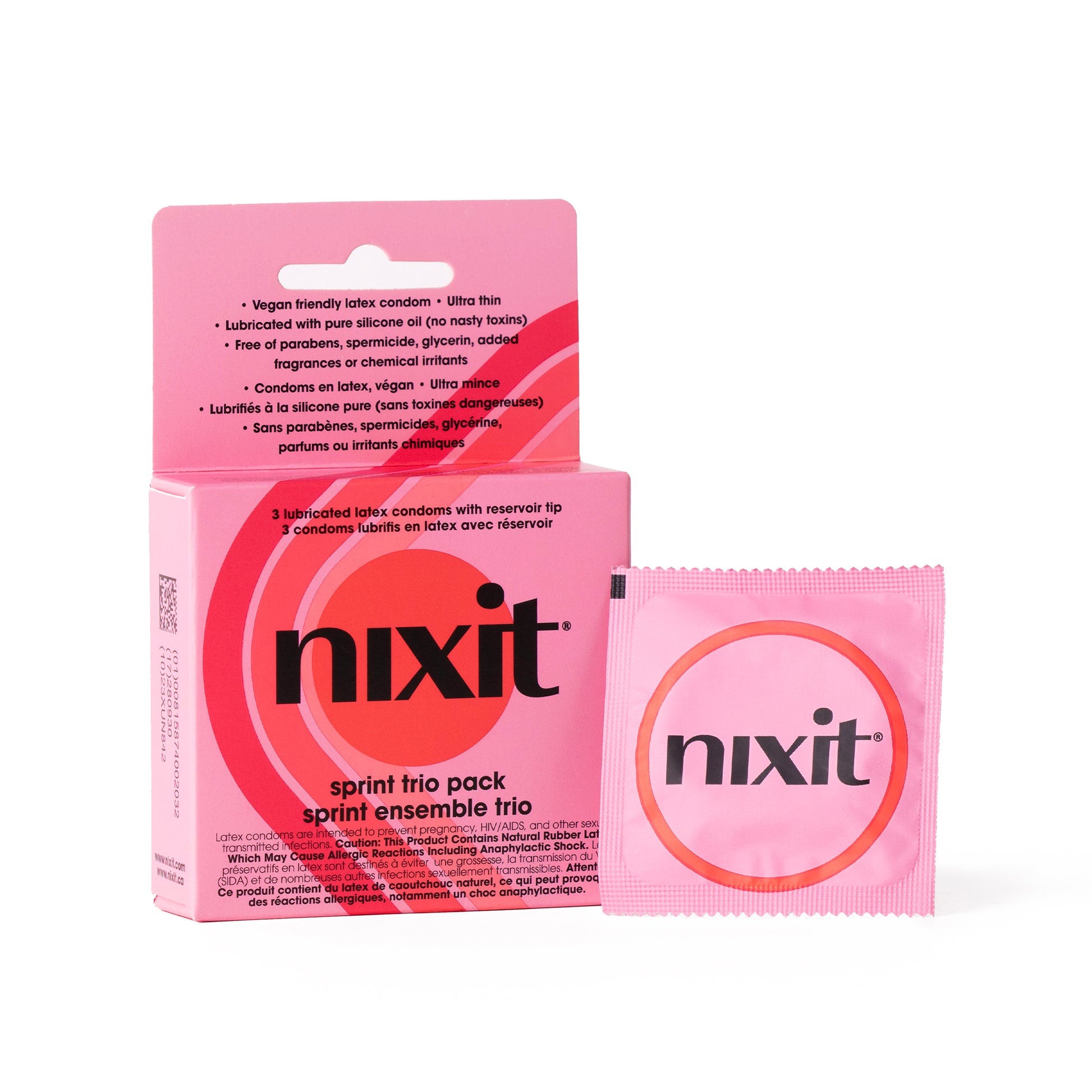An image of the sprint trio pack lubricated latex condoms box with a condom in it's wrapper leaning against it.