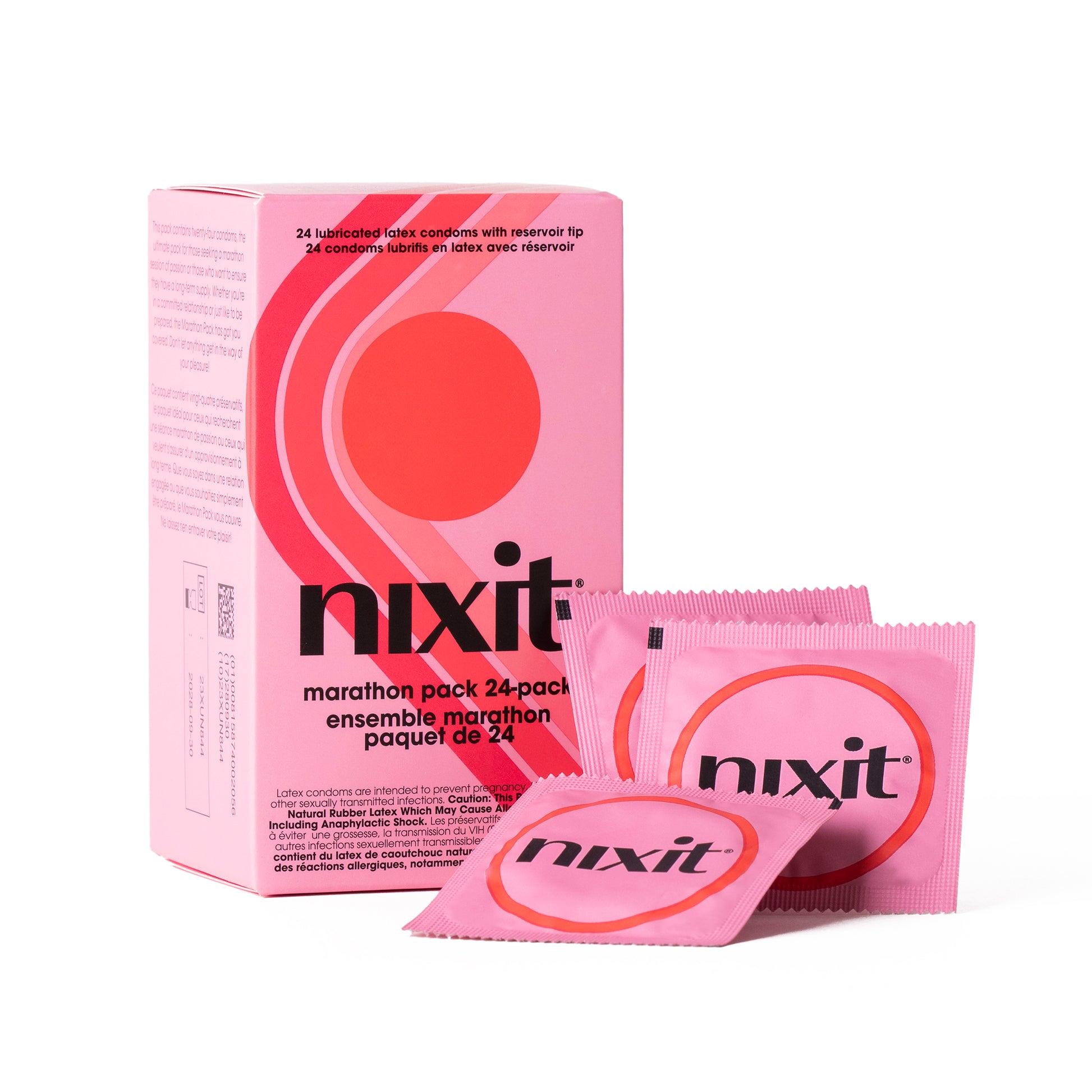 An image of the marathon pack 24-pack of lubricated latex condoms box with condoms in their wrappers leaning against it.
