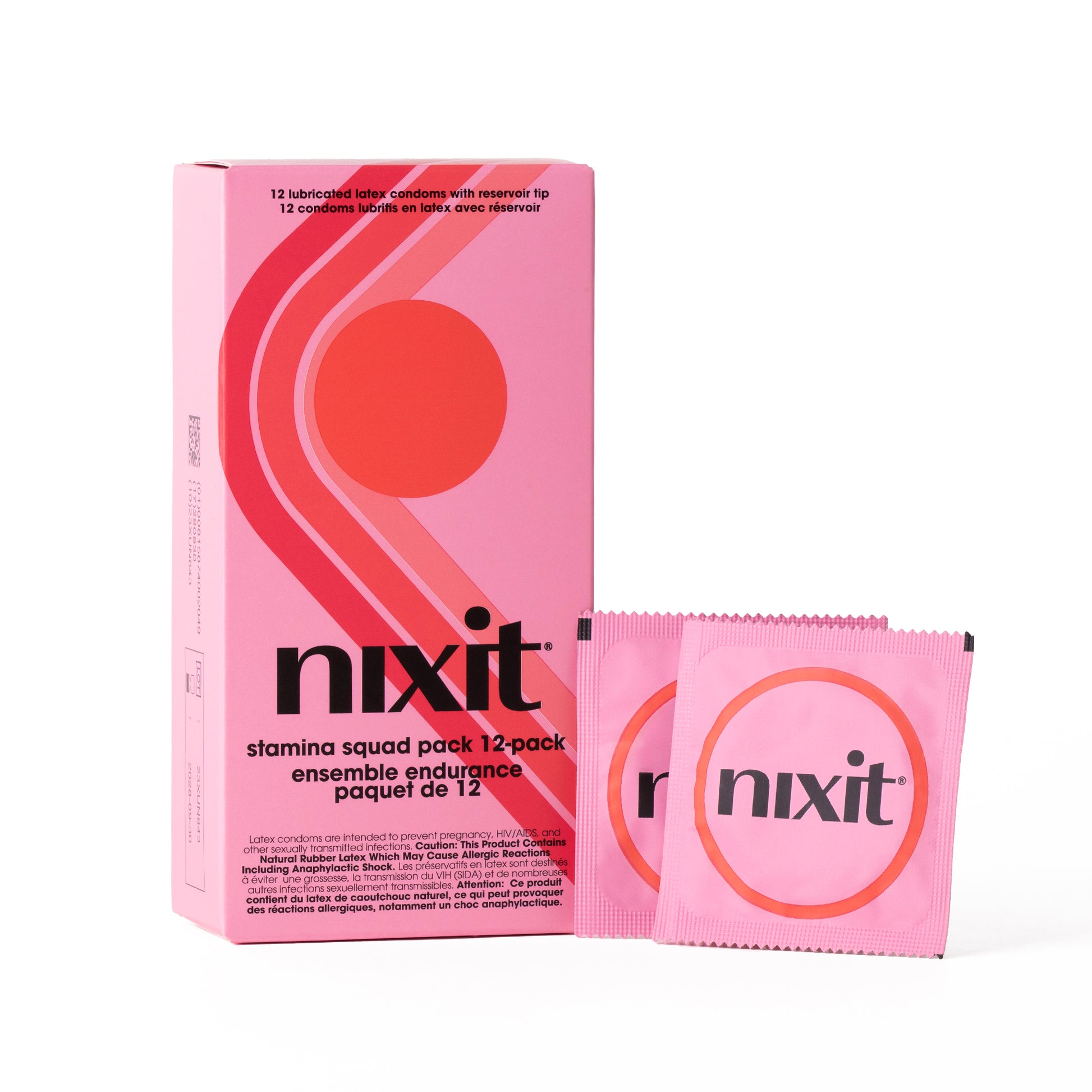An image of the stamina squad pack 12-pack of lubricated latex condoms box with condoms in their wrappers leaning against it.