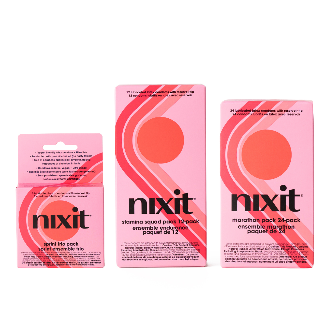 3 different pack sizes of condoms in a row, the sprint trio pack, stamina squad pack 12-pack and marathon pack 24-pack