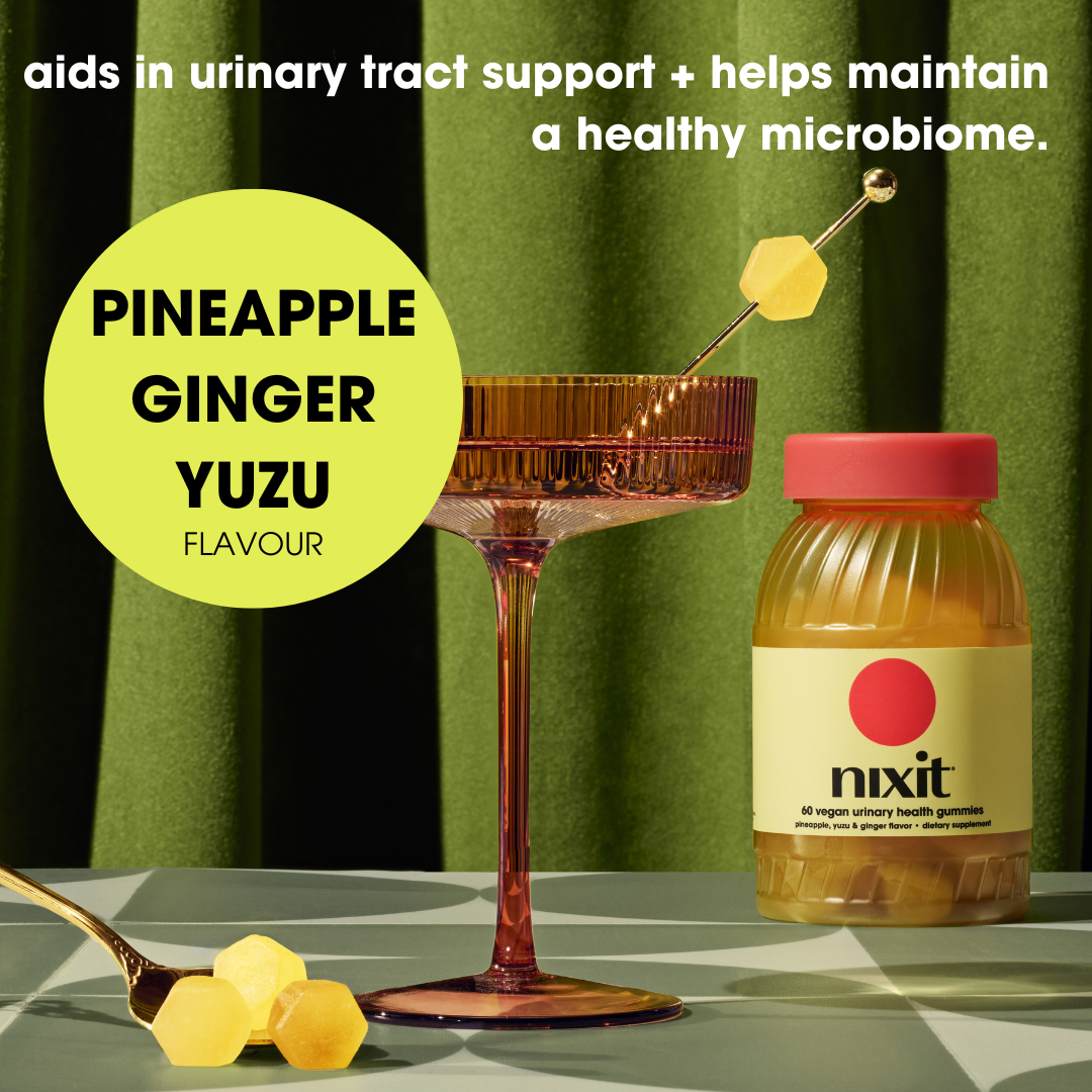 Pineapple ginger yuzu flavored vegan urinary health gummies by nixit, with a stylish glass and green background, promoting urinary tract support and a healthy microbiome.