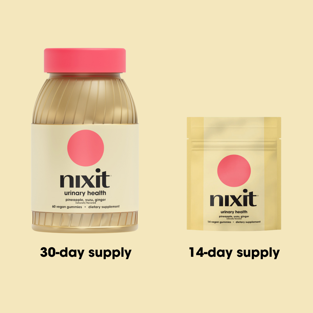 nixit urinary health dietary supplement bottles, featuring a 30-day and 14-day supply with pineapple, yuzu, and ginger flavors, displayed on a light background.