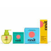 4 nixit products are in a line, the nixit water based personal lubricant, the nixit menstrual cup wipes, the nixit disc-style menstrual cup and the nixit menstrual cup cleanser and vulva wash.