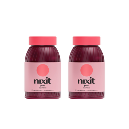Two bottles of nixit PMS mixed berry vegan gummies for dietary supplementation.