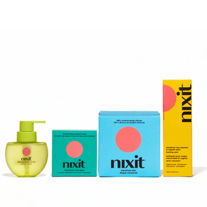 Nixit product line including a lubricant, menstrual disc, menstrual cup wipes and menstrual cup wash on a white background