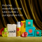 an image of nixit products (water based lubricant, tote, foaming wash, nixit cup and wipes) against a green background with the words 'included everything in the lube bundle + signature tote'