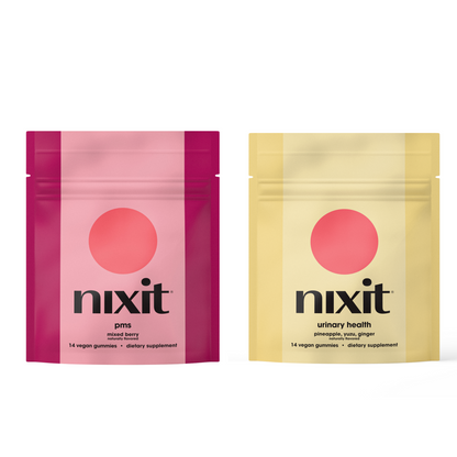 nixit dietary supplement pouches for PMS and urinary health, featuring vegan gummies in mixed berry and pineapple yuzu ginger flavors.