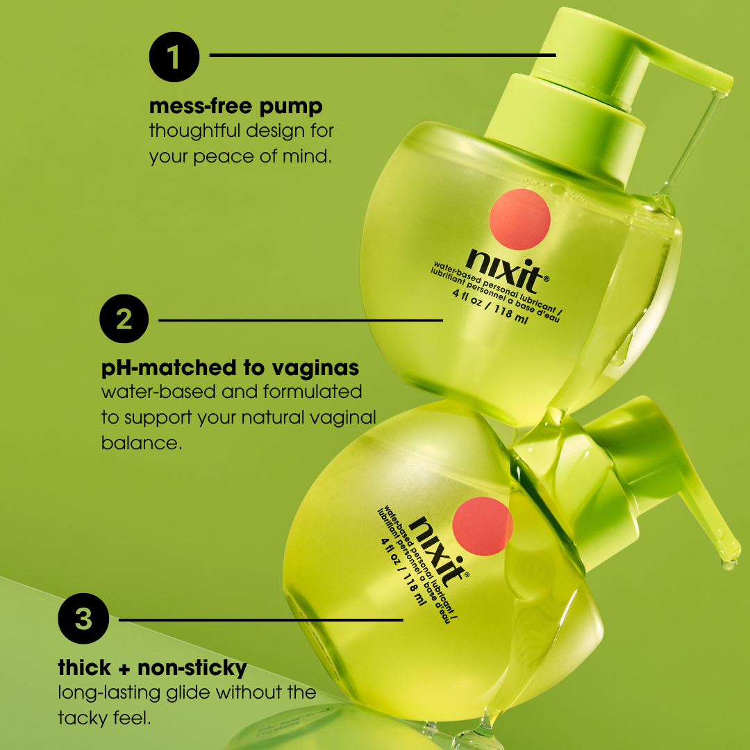 two lubricant bottle stacked on top of each other with the words, 'mess-free pump', 'pH-matched to vaginas' and 'thick+non-sticky'