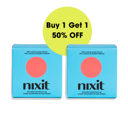 Two nixit menstrual cups boxes are side by side with a circle in between them that states 'Buy 1 Get 1 50% OFF'