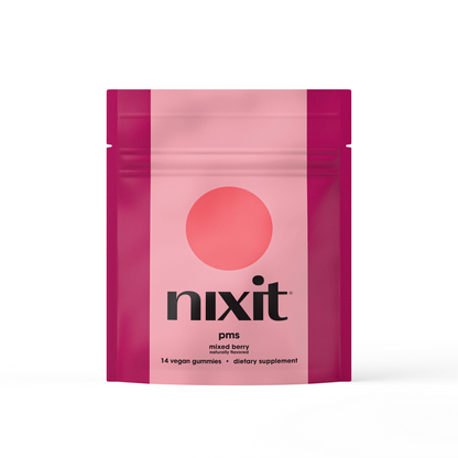 nixit PMS relief gummies in mixed berry flavor, vegan dietary supplement packaging.