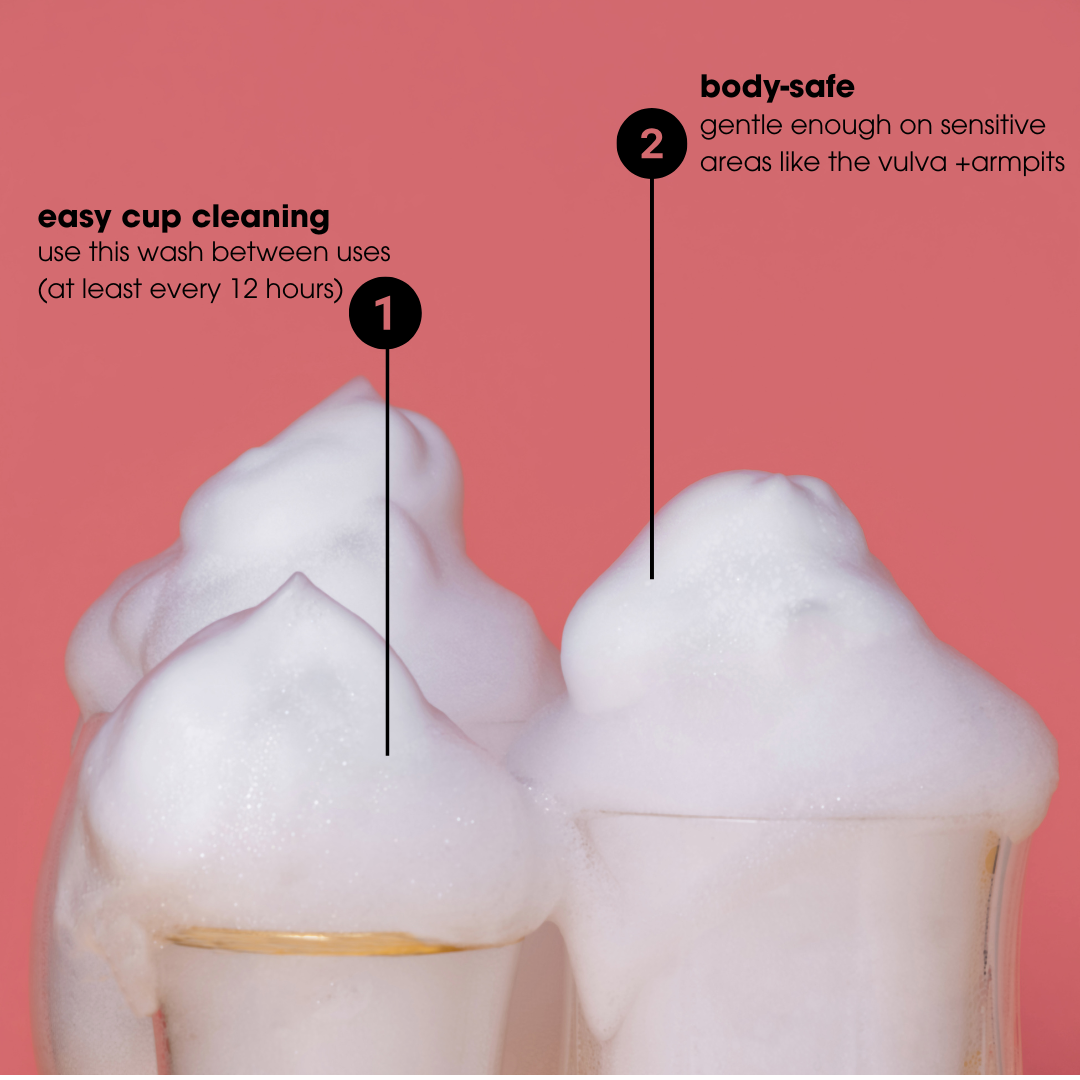 An image of the top of two glass cups with foam coming out of the top of them with the words 1. Easy menstrual cup cleaning - use this wash between uses (at least every 12 hours), 2. Body-safe - gentle enough on sensitive areas like the vulva + armpits