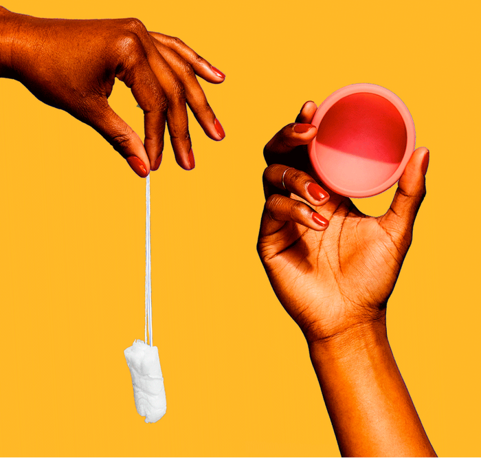 A photo showing a nixit cup in comparison to a tampon.