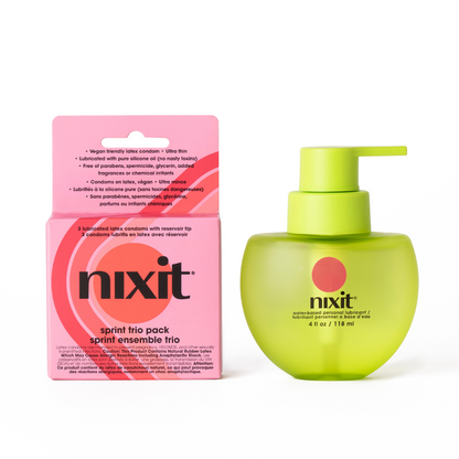 Products in the intimacy bundle - the 'sprint trio' pack of 3 lubricated latex condoms and the 4fl oz bottle of nixit water-based personal lubricant