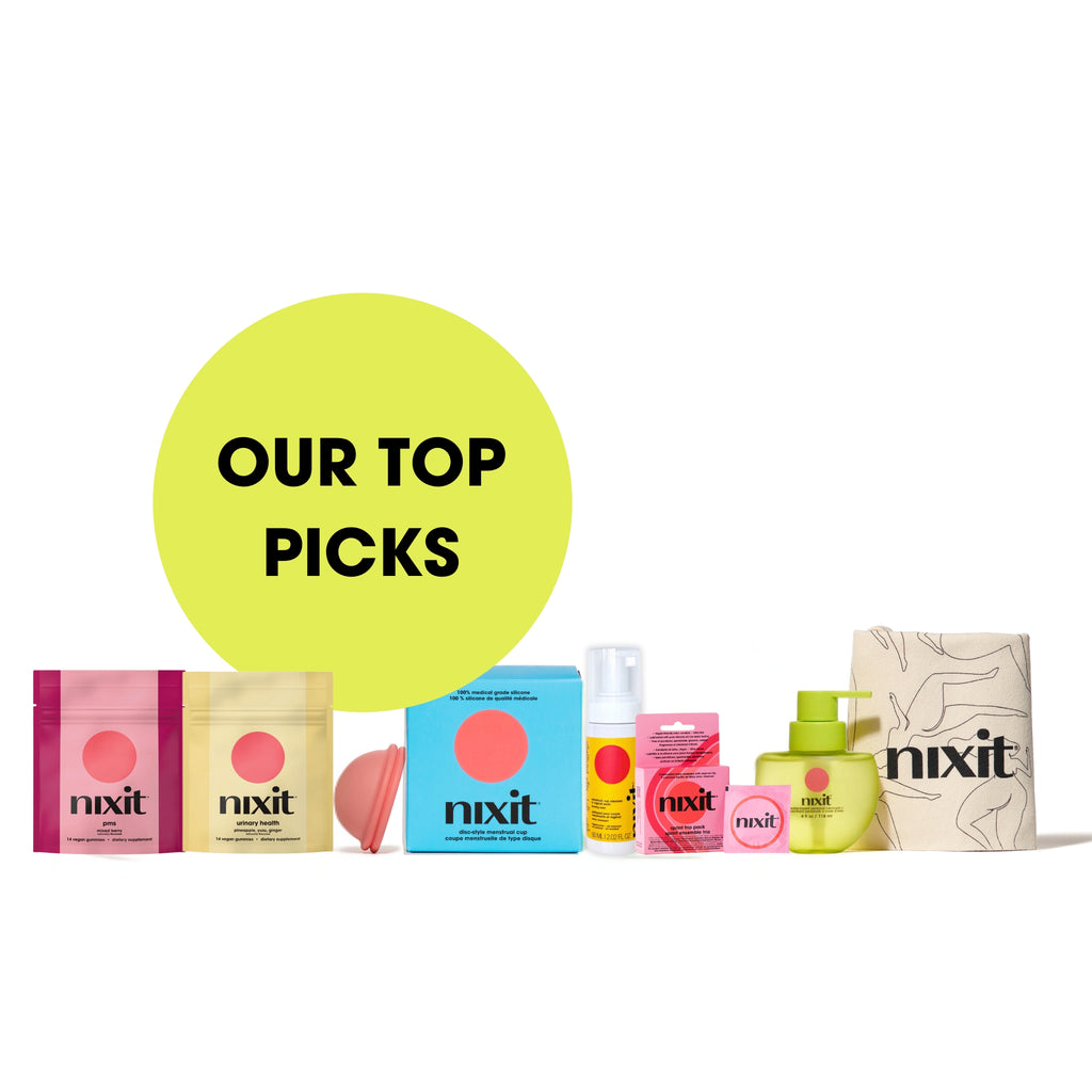 our top picks - products on a white background (L-R) nixit PMS gummies travel pack, nixit urinary health gummies travel pack, nixit menstrual disc, nixit sprint trio 3pack lubricated condoms,  lubricant, tote bag and travel size menstrual cup wash