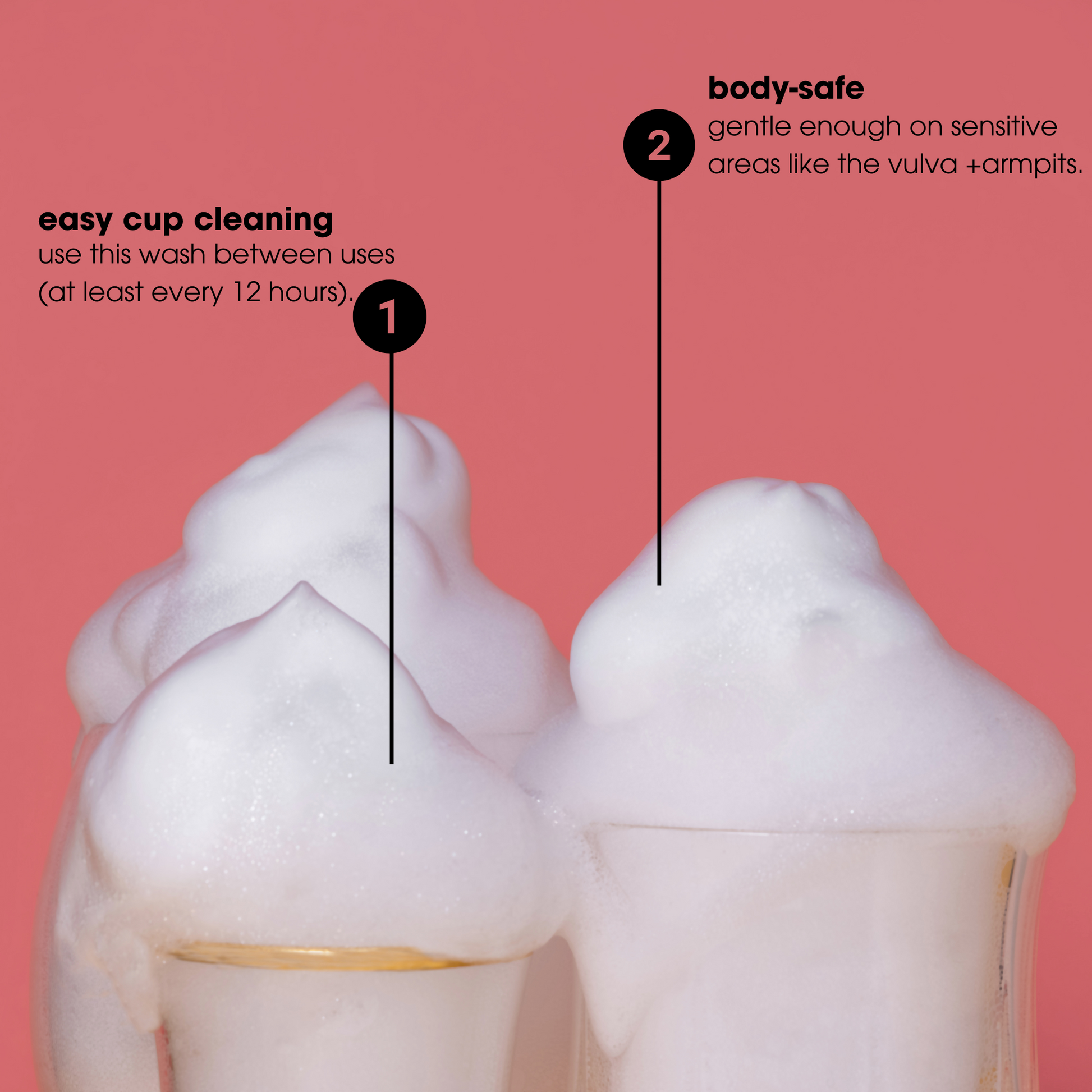 An image of the top of two glass cups with foam coming out of the top of them with the words 1. Easy menstrual cup cleaning - use this wash between uses (at least every 12 hours), 2. Body-safe - gentle enough on sensitive areas like the vulva + armpits