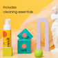 a personal wash and  personal wipes are pictured on a yellow background with the words 'includes cleaning essentials'