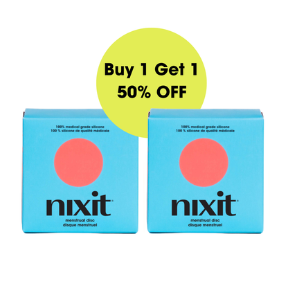 Two nixit menstrual cups boxes are side by side with a circle in between them that states 'Buy 1 Get 1 50% OFF'