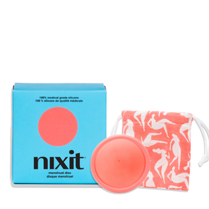 Nixit menstrual disc with packaging and drawstring bag on a white background