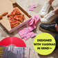 Pizza box, vinyl record, and shoes on a carpet with 'Designed with Vaginas in Mind' text.