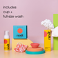 the nixit wash, and cup box, along with the menstrual disc and menstrual cup bag are pictured on different shaped blocks with the words on the image - includes cup + full-size wash