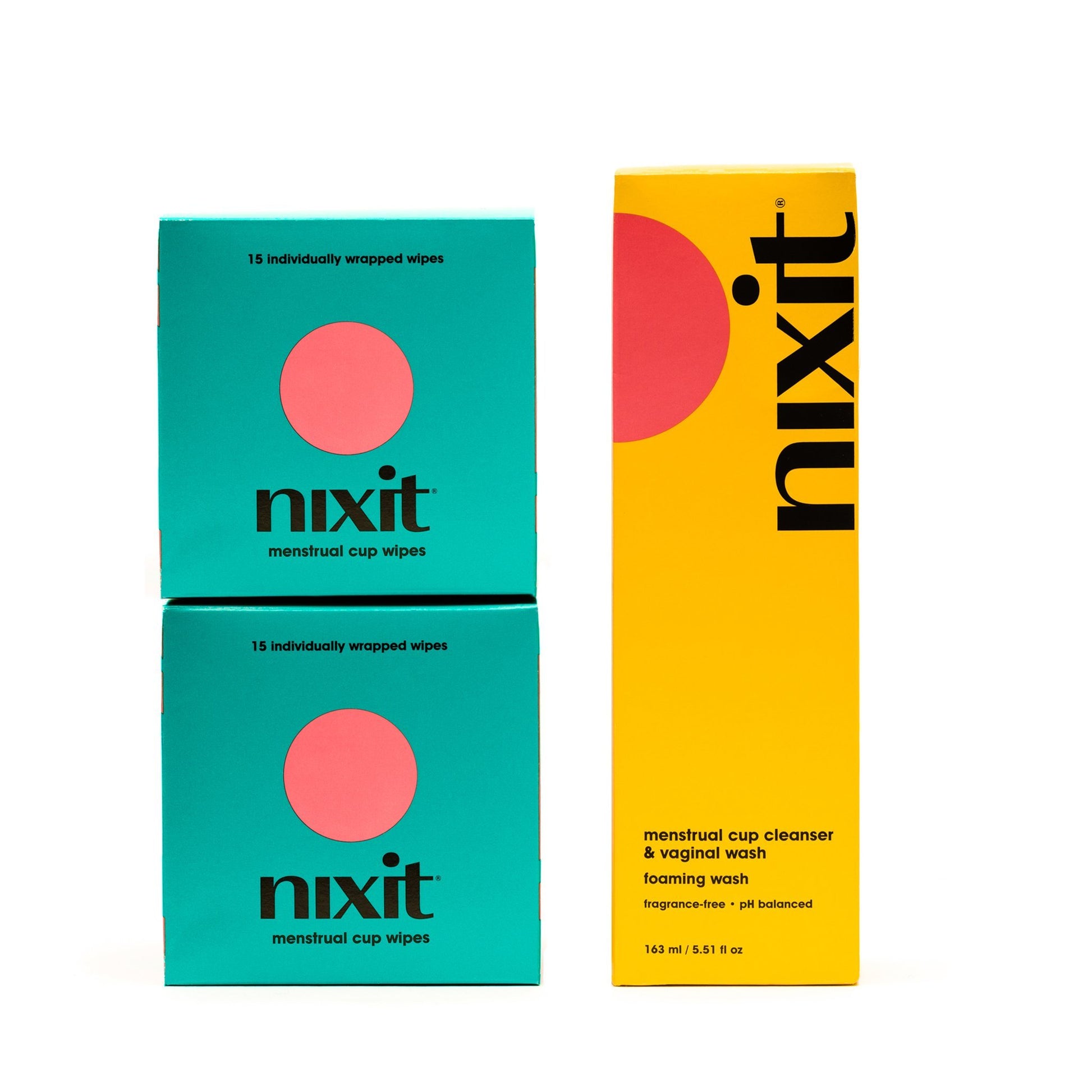 Photo of nixit wash our foaming wash that's perfect for your cup and your vulva, and 2 nixit wipes boxes (15 per pack)  convenient menstrual cup wipes for keeping it clean on-the-go